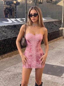 SHEIN ICON Vintage Palace Floral Side Tie-Up Heavy Texture Fishbone Design Dress Pink Lace Up Dress - Red - View 5