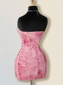 SHEIN ICON Vintage Palace Floral Side Tie-Up Heavy Texture Fishbone Design Dress Pink Lace Up Dress - Red - View 10