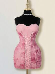 SHEIN ICON Vintage Palace Floral Side Tie-Up Heavy Texture Fishbone Design Dress Pink Lace Up Dress - Red - View 6