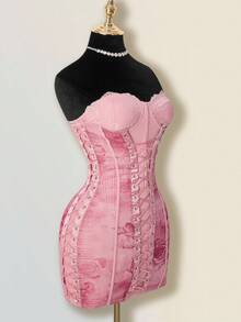SHEIN ICON Vintage Palace Floral Side Tie-Up Heavy Texture Fishbone Design Dress Pink Lace Up Dress - Red - View 9