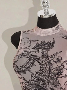 SHEIN ICON 女士紧身龙纹连体衣，性感裸色前卫连体衣，适合秋冬季 - 彩色 - 查看 7