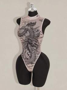 SHEIN ICON 女士紧身龙纹连体衣，性感裸色前卫连体衣，适合秋冬季 - 彩色 - 查看 6