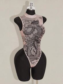 SHEIN ICON 女士紧身龙纹连体衣，性感裸色前卫连体衣，适合秋冬季 - 彩色 - 查看 9