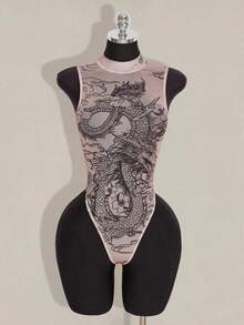 SHEIN ICON 女士紧身龙纹连体衣，性感裸色前卫连体衣，适合秋冬季 - 彩色 - 查看 1