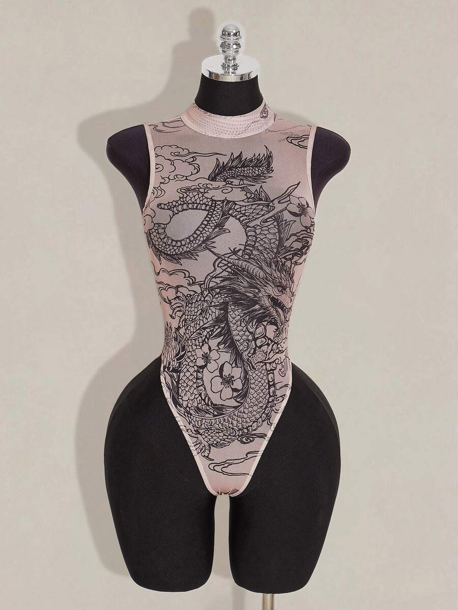 SHEIN ICON 女士紧身龙纹连体衣，性感裸色前卫连体衣，适合秋冬季 - 彩色 - 查看 1