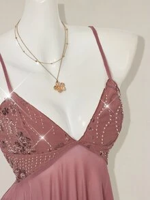 SHEIN ICON Women's Pink Sequin Embroidered V-Neck Mesh Patchwork Asymmetrical Ruffle Hem Spaghetti Strap Bodycon Mini Dress Fairycore Vacation Dinner - Brown - View 10