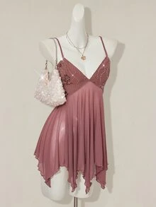 SHEIN ICON Women's Pink Sequin Embroidered V-Neck Mesh Patchwork Asymmetrical Ruffle Hem Spaghetti Strap Bodycon Mini Dress Fairycore Vacation Dinner - Brown - View 1