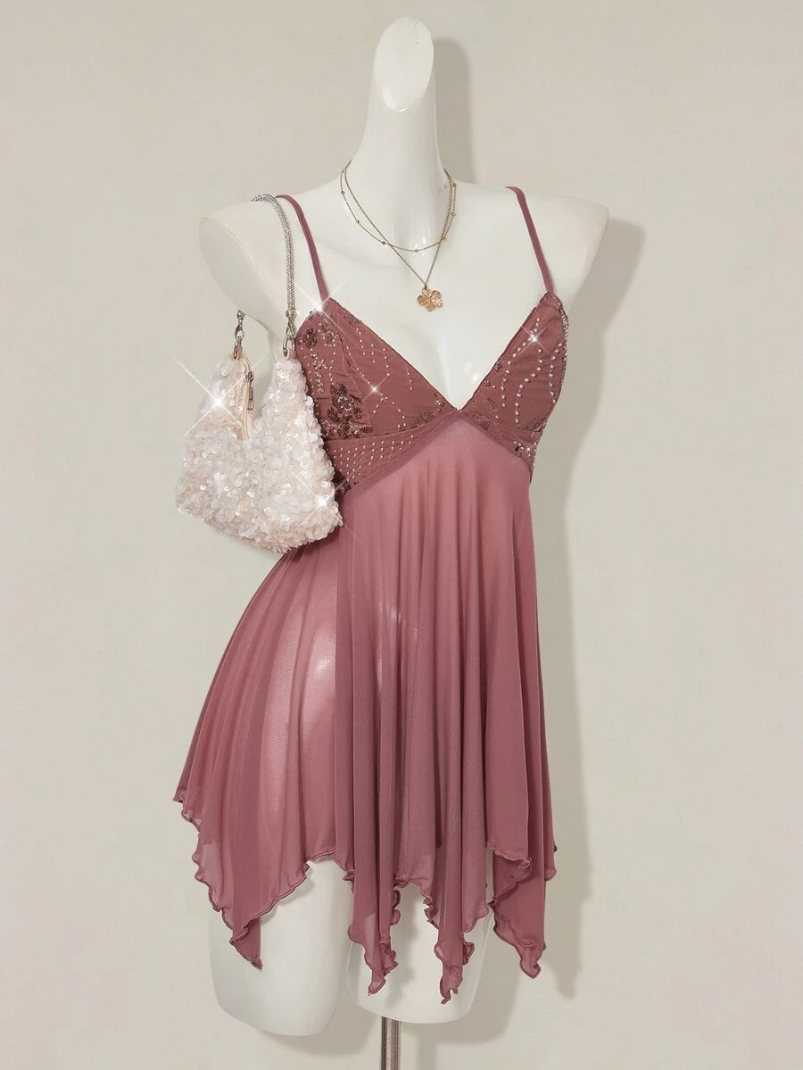 SHEIN ICON Women's Pink Sequin Embroidered V-Neck Mesh Patchwork Asymmetrical Ruffle Hem Spaghetti Strap Bodycon Mini Dress Fairycore Vacation Dinner - Brown - View 1