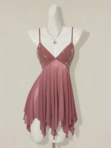 SHEIN ICON Women's Pink Sequin Embroidered V-Neck Mesh Patchwork Asymmetrical Ruffle Hem Spaghetti Strap Bodycon Mini Dress Fairycore Vacation Dinner - Brown - View 6