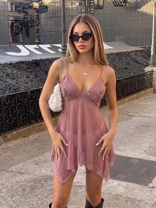 SHEIN ICON Women's Pink Sequin Embroidered V-Neck Mesh Patchwork Asymmetrical Ruffle Hem Spaghetti Strap Bodycon Mini Dress Fairycore Vacation Dinner - Brown - View 4
