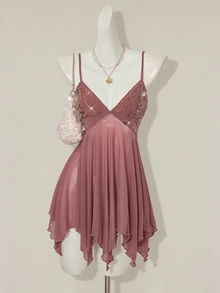 SHEIN ICON Women's Pink Sequin Embroidered V-Neck Mesh Patchwork Asymmetrical Ruffle Hem Spaghetti Strap Bodycon Mini Dress Fairycore Vacation Dinner - Brown - View 8