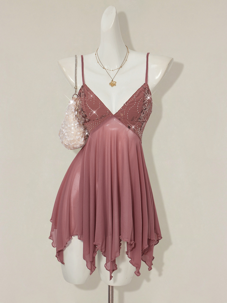 SHEIN ICON Women's Pink Sequin Embroidered V-Neck Mesh Patchwork Asymmetrical Ruffle Hem Spaghetti Strap Bodycon Mini Dress Fairycore Vacation Dinner - Brown - View 8
