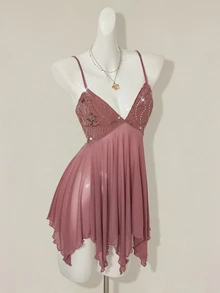 SHEIN ICON Women's Pink Sequin Embroidered V-Neck Mesh Patchwork Asymmetrical Ruffle Hem Spaghetti Strap Bodycon Mini Dress Fairycore Vacation Dinner - Brown - View 9