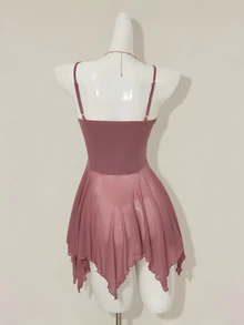 SHEIN ICON Women's Pink Sequin Embroidered V-Neck Mesh Patchwork Asymmetrical Ruffle Hem Spaghetti Strap Bodycon Mini Dress Fairycore Vacation Dinner - Brown - View 3