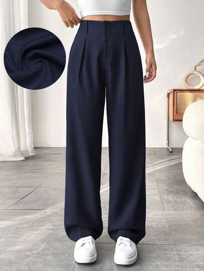 SHEIN LUNE Pantalón casual de cintura alta y pierna ancha de unicolor para mujeres