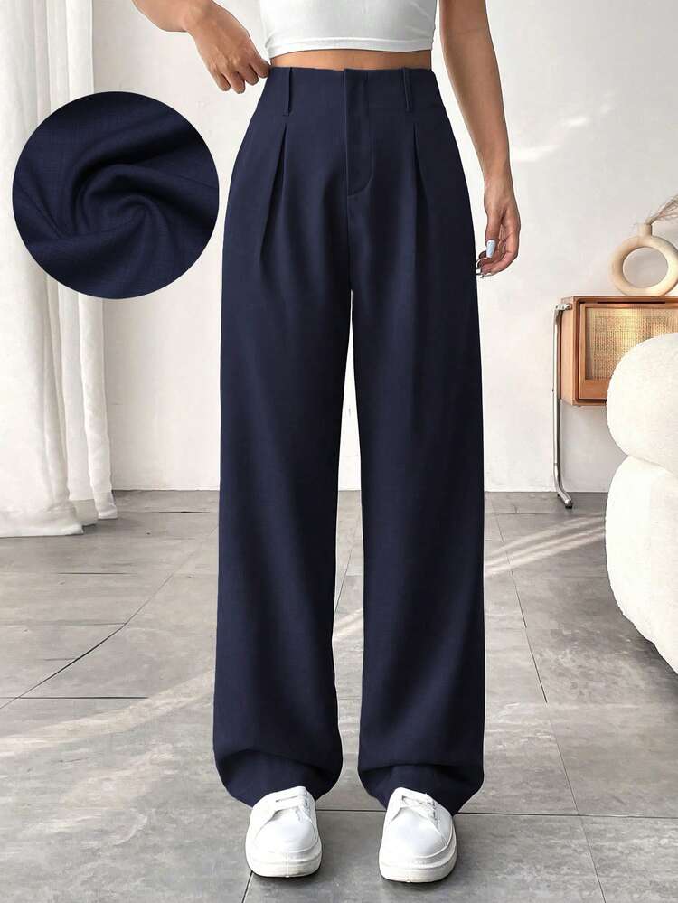 Lumivelle Women Solid Color High Waist Wide Leg Casual Trousers Fall Cloth For Women - Navy Blue - View 1