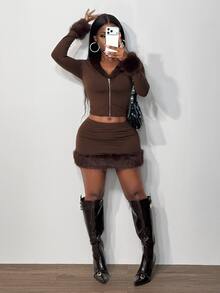 BamGleam Women's Dark Brown Fuzzy Set Fall Trim V-Neck Zipper Crop Top Low-Waist Mini Skirt 2 Pieces Going Out Night Out Club Sexy - Brown - View 8
