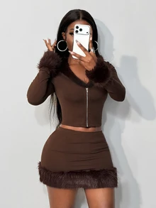 BamGleam Women's Dark Brown Fuzzy Set Fall Trim V-Neck Zipper Crop Top Low-Waist Mini Skirt 2 Pieces Going Out Night Out Club Sexy - Brown - View 7