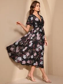 Almamuse 女士优雅花卉印花泡泡袖连衣裙 - 黑色 - 查看 6