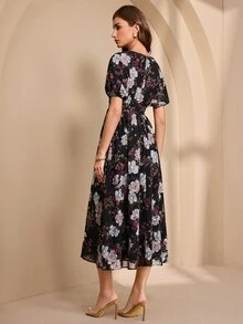 Almamuse 女士优雅花卉印花泡泡袖连衣裙 - 黑色 - 查看 2