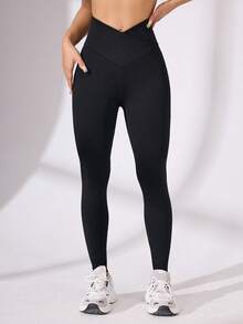 SHEIN Rhythm Era 女款大尺碼素色高腰運動緊身褲 - 黑色 - 查看 7