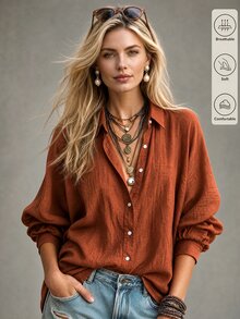 SHEIN Women's Solid Color Single-Breasted Casual Versatile Daily Wear Shirt - Orange - View 3