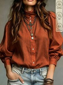 SHEIN Women's Solid Color Single-Breasted Casual Versatile Daily Wear Shirt - Orange - View 8