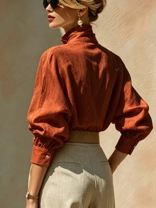 SHEIN Women's Solid Color Single-Breasted Casual Versatile Daily Wear Shirt - Orange - View 4