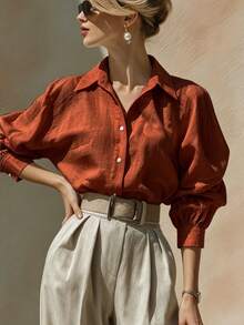 SHEIN Women's Solid Color Single-Breasted Casual Versatile Daily Wear Shirt - Orange - View 1