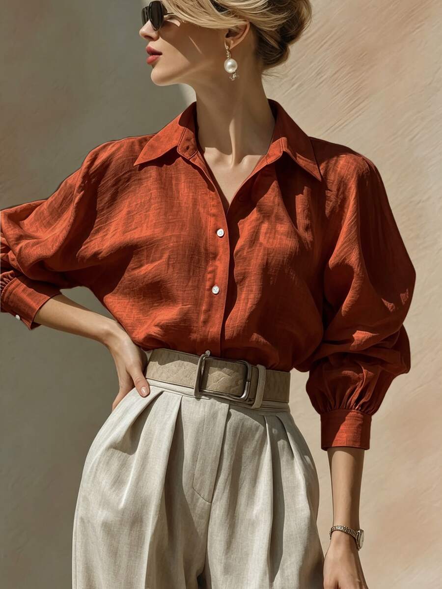 SHEIN Women's Solid Color Single-Breasted Casual Versatile Daily Wear Shirt - Orange - View 1