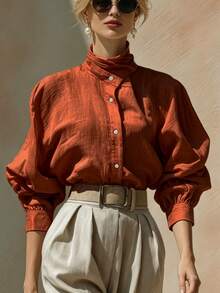 SHEIN Women's Solid Color Single-Breasted Casual Versatile Daily Wear Shirt - Orange - View 6