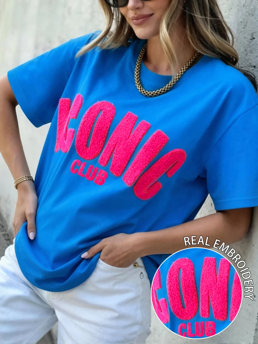 Breezaya Plus Size Summer Casual Letter Embroidered T-Shirt - Royal Blue - View 1