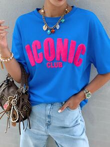 Breezaya Plus Size Summer Casual Letter Embroidered T-Shirt - Royal Blue - View 5