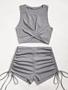 SHEIN Franclia Women Two-piece Outfits Kolor Memutar Rib-Knit Plain Casual - Grey - View 4