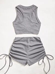 SHEIN Franclia Women Two-piece Outfits Kolor Memutar Rib-Knit Plain Casual - Grey - View 3