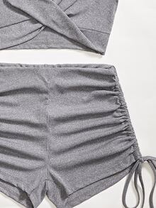 SHEIN Franclia Women Two-piece Outfits Kolor Memutar Rib-Knit Plain Casual - Grey - View 5