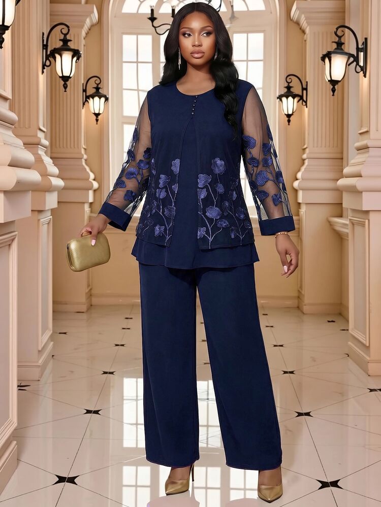 Fleurora Plus Size Women's Embroidered Mesh Round Neck Blouse And Wide Leg Pants Elegant Casual 2 Pieces Set Wedding Dinner Evening Formal Navy Blue Summer - Navy Blue - View 3