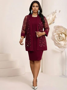 Fleurora Plus Size Women's Mesh Cardigan And Dress Fashion 2 Pieces Set Wedding Formal Dinner Burgundy Summer Elegant - Burgundy - View 6
