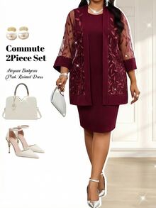 Fleurora Plus Size Women's Mesh Cardigan And Dress Fashion 2 Pieces Set Wedding Formal Dinner Burgundy Summer Elegant - Burgundy - View 1