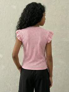 Coolane Kids Tween Girl Summer Party/Graduation/Casual/Vacation/Street Style/Y2K/Fashionable Ruffle Trim Solid Pink Tee, Pink Striped Top Tween Girl - Pink - View 6