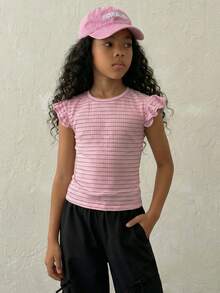 Coolane Kids Tween Girl Summer Party/Graduation/Casual/Vacation/Street Style/Y2K/Fashionable Ruffle Trim Solid Pink Tee, Pink Striped Top Tween Girl - Pink - View 5