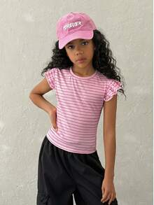 Coolane Kids Tween Girl Summer Party/Graduation/Casual/Vacation/Street Style/Y2K/Fashionable Ruffle Trim Solid Pink Tee, Pink Striped Top Tween Girl - Pink - View 1