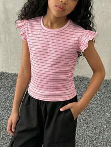 Coolane Kids Tween Girl Summer Party/Graduation/Casual/Vacation/Street Style/Y2K/Fashionable Ruffle Trim Solid Pink Tee, Pink Striped Top Tween Girl - Pink - View 3