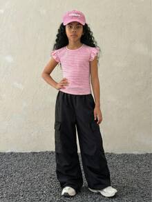 Coolane Kids Tween Girl Summer Party/Graduation/Casual/Vacation/Street Style/Y2K/Fashionable Ruffle Trim Solid Pink Tee, Pink Striped Top Tween Girl - Pink - View 4