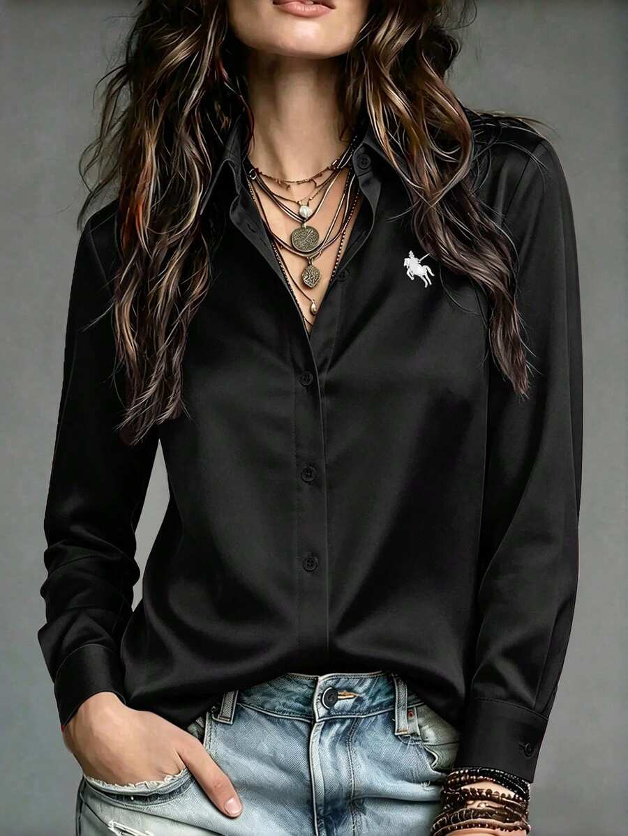 EMERY ROSE 女款休閒優雅通勤純色長袖襯衫,秋季女式辦公服飾,黑白色 - 黑色 - 查看 1