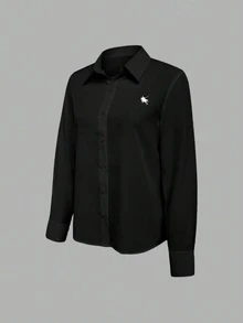 EMERY ROSE 女款休閒優雅通勤純色長袖襯衫，秋季女式辦公服飾，黑白色 - 黑色 - 查看 5