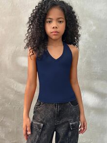 Coolane Kids Tween Girls Fall/Summer Streetwear V-Neck Solid Color Backless Vacation Tank Top For Girl, Can Be Worn As A Neck Hanging - Royal Blue - View 5