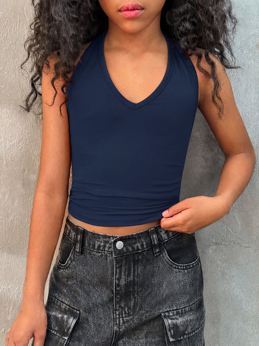 Coolane Kids Tween Girls Fall/Summer Streetwear V-Neck Solid Color Backless Vacation Tank Top For Girl, Can Be Worn As A Neck Hanging - Royal Blue - View 1