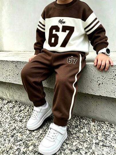 Young Boy Digital Print Crew Neck Sweatshirt And Striped Long Pants Set