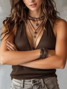 SHEIN Franclia Women's Solid Color Overlap V-Neck Sexy Boho Halter Knit Top Vacation Night Out Coffee Brown Summer - Khaki - View 4